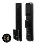 دستگیره دیجیتال و هوشمند AEG مدل K 600 با صفحه لمسی و سنسور اثر انگشت نصب شده روی درب ضد سرقت مدرن